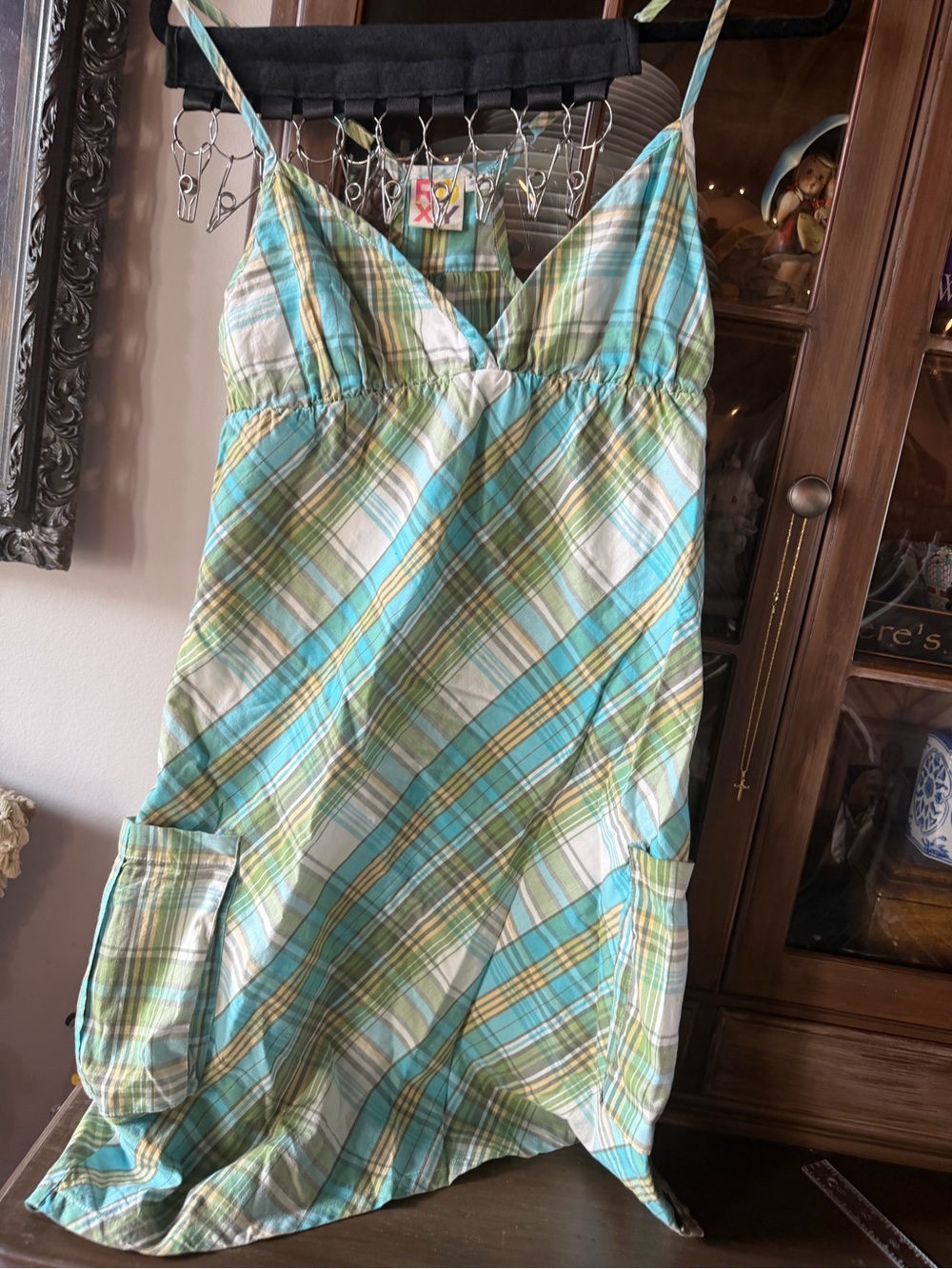 Roxy Plaid Spaghetti-Strap Mini Dress in Aqua & Green